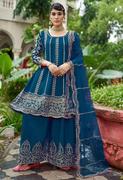 Embroidered and Mirror Work Chinon Salwar Suit In Teal for Ceremonial
